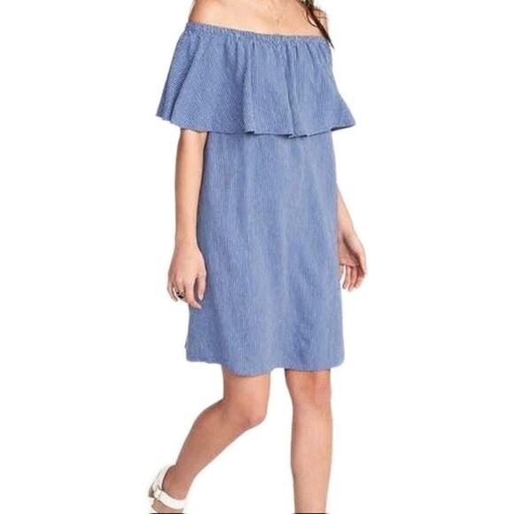 Old Navy Dresses & Skirts - OLD NAVY Blue Stripe Off the Shoulder Ruffle Top Shift Dress Women's Medium